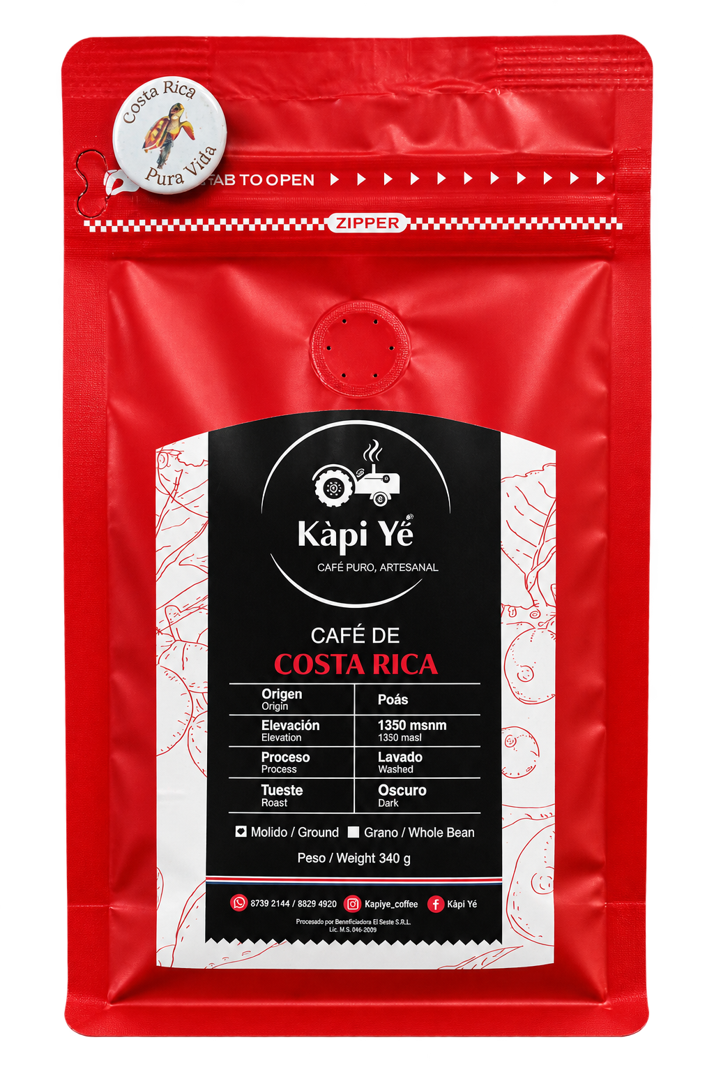 Café Kàpi Yë́ molido junto a granos tostados